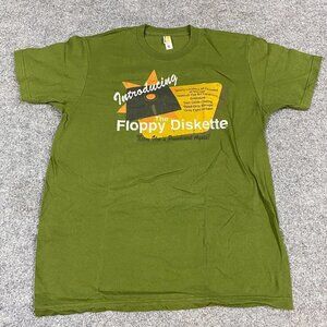 WOOT! T-shirt L Green Floppy Disk 100% Cotton Retro